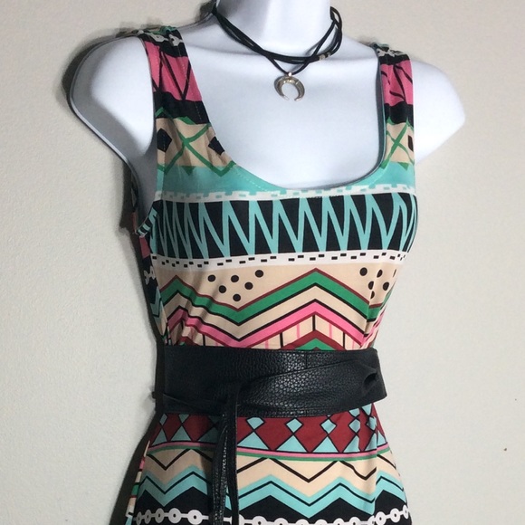 🎀 4PC BOHO CHIC TEAL MINI DRESS FRINGE TRIBAL BELT NECKLACE BOHEMIAN BUNDLE SET - Picture 4 of 8